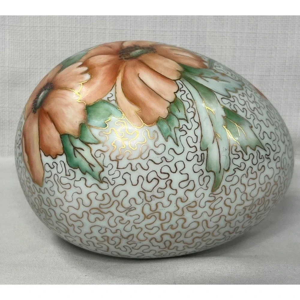Ann Fogg Hand Painted Porcelain Egg Floral Poppy Gold Trim Signed Art Pottery